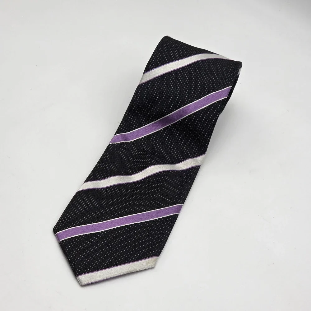 Brioni Black Silk Tie Purple Silver Stripe Handmade Italy Classic‎ Luxury